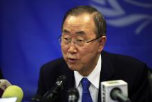 U.N. Secretary-General Ban Ki-moon speaks during a news conference at the UNMISS (United Nations Mission in South Sudan) base in Juba