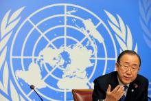 U.N. Secretary-General Ban Ki-moon speaks to the press at the United Nations European headquarters in Geneva, Switzerland, October 3, 2016. PHOTO BY REUTERS/Pierre Albouy