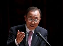 UN Secretary-General Ban Ki-moon delivers a speech during a ceremony to commemorate the 70th anniversary of the United Nations at the Foreign Ministry in Seoul, South Korea, May 20, 2015. PHOTO BY REUTERS/Kim Hong-Ji