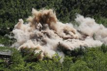 A command post and barracks of Punggye-ri nuclear test ground are blown up during the dismantlement process in Punggye-ri, North Hamgyong Province, North Korea May 24, 2018. PHOTO BY REUTERS/News1/Pool