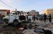 The wreckage of a destroyed van is seen at the scene of a car explosion in Hamarweyne district of Mogadishu, Somalia, September 28, 2017. PHOTO BY REUTERS/Feisal Omar