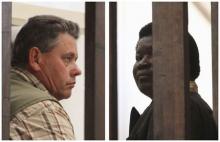 A combination photo shows Zimbabwean safari operator Honest Ndlovu (R) and fellow countryman and hunter Theo Bronkhorst waiting to appear in Hwange magistrates court, July 29, 2015. PHOTO BY REUTERS/Philimon Bulawayo