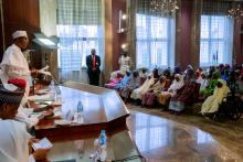 Nigeria's President Muhammadu Buhari speaks during his meeting with some of the newly released Dapchi schoolgirls in Abuja, Nigeria, March 23, 2018. PHOTO BY REUTERS/Nigeria Presidency