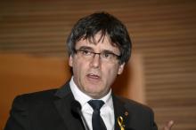 Former Catalan leader Carles Puigdemont speaks during his briefing on the situation in Catalonia at Finnish Parliament in Helsinki, Finland, March 22, 2018. PHOTO BY REUTERS/Lehtikuva/Martti Kainulainen