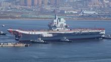 China's first domestically built aircraft carrier is seen during its launching ceremony in Dalian, Liaoning province, China, April 26, 2017. PHOTO BY REUTERS/Stringer