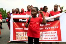 "Bring Back Our Girls" campaigner Christabell Ibrahim, 8, speaks during the media conference marking two years from the abduction of the Chibok girls, in Abuja Nigeria, April 14, 2016. PHOTO BY REUTERS/Afolabi Sotunde