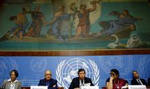 Christopher Sidoti, Marzuki Darusman and Radhika Coomaraswamy, members of the Independent International Fact-finding Mission on Myanmar attends a news conference on the publication of their final written report at the United Nations in Geneva, Switzerland, August 27, 2018. PHOTO BY REUTERS/Denis Balibouse