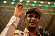 General Mohamed Hamdan Dagalo, head of the Rapid Support Forces (RSF) and deputy head of the Transitional Military Council (TMC) delivers an address after the Ramadan prayers and Iftar organized by Sultan of Darfur Ahmed Hussain in Khartoum, Sudan, May 18, 2019. PHOTO BY REUTERS/Mohamed Nureldin Abdallah