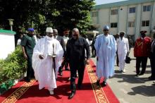 Gambia's President Yahya Jammeh receives a delegation of West African leaders including President John Mahama of Ghana and Nigeria's Muhammadu Buhari for a meeting on election crisis in Banjul, Gambia, December 13, 2016. PHOTO BY REUTERS/Stringer