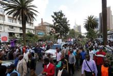 Kenyan opposition leader of the Coalition for Reforms and Democracy (CORD), Raila Odinga (C) leads his supporters during a protest near the premises hosting the headquarters of Independent Electoral and Boundaries Commission (IEBC) to demand the disbandment of the electoral body ahead of next year's election in Nairobi, Kenya June 6, 2016. PHOTO BY REUTERS/Thomas Mukoya