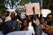 Demonstrators chant outside of the United Nations as they ask for an independence referendum for the region of Abyei