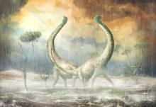The Cretaceous Period dinosaur Mnyamawamtuka in its environmental setting is seen in this illustration released in Athens, Ohio, U.S., February 13, 2019. PHOTO BY REUTERS/Mark Witton
