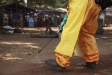 A member of the French Red Cross disinfects the area around a motionless person suspected of carrying the Ebola virus as a crowd gathers in Forecariah, January 30, 2015. PHOTO BY REUTERS/Misha Hussain