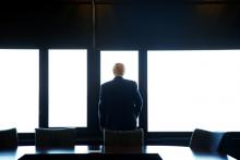 Donald Trump looks out at Lake Michigan during a visit to the Milwaukee County War Memorial Center in Milwaukee, Wisconsin, August 16, 2016. PHOTO BY REUTERS/Eric Thayer