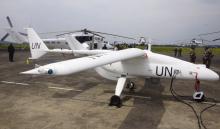 A surveillance Unmanned Aerial Vehicles (UAV) drone operated by the United Nations is seen in the Democratic Republic of Congo's eastern city of Goma