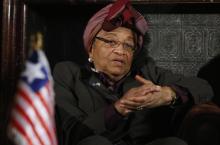 Liberian President Ellen Johnson-Sirleaf speaks during an interview with Reuters in Brussels