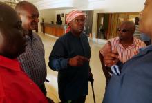 Former Prime Minister and presidential candidate Umaro Cissoko Embalo chats with his supporters and members of his campaign team, after the results of the November 24 first-round poll, at a hotel lobby in Bissau, Guinea-Bissau, on November 27, 2019. PHOTO BY REUTERS/Christophe Van Der Perre