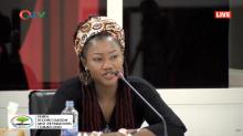 Fatou "Toufah" Jallow testifies before the Truth, Reconciliation and Reparations Commission in the Gambia in a video broadcast live by QTV., October 31, 2019. PHOTO BY Thomson Reuters Foundation/Nellie Peyton