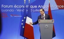 French President Francois Hollande addresses the Forum Economique Angola-France in Angola's capital Luanda, July 3, 2015. PHOTO BY REUTERS/Herculano Coroado