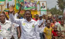 Rwanda's opposition Democratic Green Party Presidential candidate, Frank Habineza, waves to his supporters before a rally in Burera District, Rwanda, August 1, 2017. PHOTO BY REUTERS/Jean Bizimana