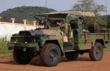 French soldiers are seen on their military vehicle at the Miskine district in Bangui