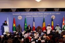 French President Emmanuel Macron speaks during G5 Sahel Summit at the Koulouba Presidential Palace in Bamako, Mali, July 2, 2017. PHOTO BY REUTERS/Luc Gnago