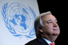 United Nations Secretary-General Antonio Guterres gives a statement after delivering a speech on disarmament and denuclearisation at the University of Geneva (UNIGE) in Geneva, Switzerland, May 24, 2018. PHOTO BY REUTERS/Denis Balibouse