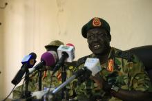 Chief of Staff of South Sudan's army, General James Hoth Mai speaks during a media update, with regards to the current fighting with rebels in north of the country, in Juba