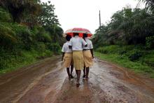 School girls walking home in a countryside village of Sierra Leone, July 11, 2019. PHOTO BY REUTERS/Cooper Inveen