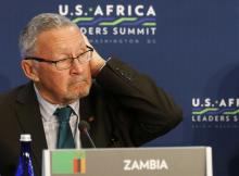 Zambia's Vice President Guy Scott (L) listens as U.S. President Barack Obama (not pictured) speaks, at the first Leaders' Session of the U.S.-Africa Leaders Summit, at the State Department in Washington, August 6, 2014. PHOTO BY  REUTERS/Larry Downing