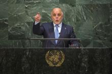 Iraqi Prime Minister Haider al-Abadi addresses attendees during the 70th session of the United Nations General Assembly at the U.N. Headquarters in New York, September 30, 2015. PHOTO BY REUTERS/Eduardo Munoz