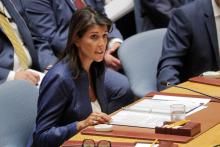 U.S. Ambassador to the United Nations Nikki Haley speaks during a United Nations Security Council meeting at United Nations (U.N.) headquarters in New York City, New York, U.S., August 23, 2018. PHOTO BY REUTERS/Lucas Jackson