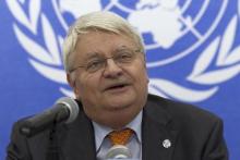 U.N. peacekeeping chief Herve Ladsous talks to journalists during a news conference in Bangui, May 3, 2014. PHOTO BY REUTERS/Siegfried Modola