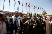 Yahya al-Mahdi, a Houthi military official addresses a gathering celebrating Houthi advancement on forces loyal to Yemen's former president Ali Abdullah Saleh at Tahrir Square in Sanaa, Yemen, December 3, 2017. PHOTO BY REUTERS/Khaled Abdullah