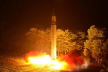 Intercontinental ballistic missile (ICBM) Hwasong-14 is pictured during its second test-fire in this undated picture provided by KCNA in Pyongyang on July 29, 2017. PHOTO BY REUTERS/KCNA