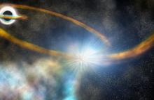 After passing too close to a supermassive black hole, a star is torn apart into a thin stream of gas, which is then pulled back around the black hole and slams into itself, creating a bright shock and ejecting more hot material, in this artist's conception released on September 26, 2019. Illustration by Robin Dienel/Courtesy of the Carnegie Institution for Science/Handout via REUTERS