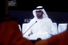 Sultan Ahmed Al Jaber, UAE Minister of State and the Abu Dhabi National Oil Company (ADNOC) Group CEO, is seen on a screen during the Future Investment Initiative conference in Riyadh, Saudi Arabia, October 30, 2019. PHOTO BY REUTERS/Hamad I Mohammed