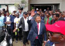 Gabonese opposition candidate Jean Ping greets supporters outside his campaign headquarters after proclaiming that he won the presidential election in Libreville, Gabon, August 28, 2016. PHOTO BY REUTERS/Gerauds Wilfried Obangome