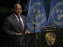 Congo President Joseph Kabila delivers his remarks during the opening ceremony of the Paris Agreement signing ceremony on climate change at the United Nations Headquarters in Manhattan, New York, U.S., April 22, 2016. PHOTO BY REUTERS/Carlo Allegri