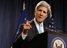 U.S. Secretary of State John Kerry speaks to the media after a quadrilateral meeting between representatives of the United States, Ukraine, Russia and the European Union, about the ongoing situation in Ukraine, in Geneva