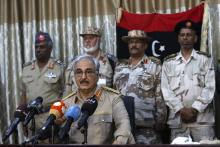 General Khalifa Haftar speaks during a news conference at a sports club in Abyar, a small town to the east of Benghazi 