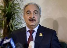 Libyan General Khalifa Haftar, chief of the army loyal to the internationally recognized government, speaks during a news conference in Amman, Jordan, August 24, 2015. PHOTO BY REUTERS/Muhammad Hamed