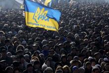 Pro-European integration protesters hold a rally in Independence square in central Kiev