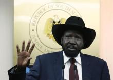 South Sudan's President Salva Kiir gestures during a news conference in Juba