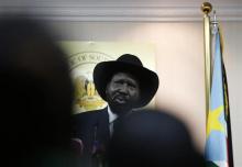 South Sudan's President Salva Kiir speaks during a news conference in Juba