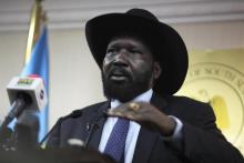 South Sudan's President Salva Kiir speaks during a news conference in Juba