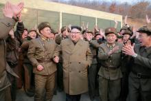 North Korean leader Kim Jong Un watched the ground jet test of a Korean-style high-thrust engine newly developed by the Academy of the National Defence Science in this undated picture provided by KCNA in Pyongyang on March 19, 2017. PHOTO BY REUTERS/KCNA