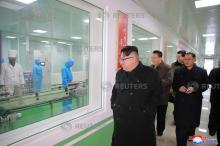 North Korean leader Kim Jong Un gives field guidance at the Pyongyang Pharmaceutical Factory, in this undated photo released by North Korea's Korean Central News Agency (KCNA) in Pyongyang, January 25, 2018. PHOTO BY KCNA