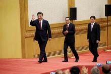 China's new Politburo Standing Committee members (L-R) Xi Jinping, Li Keqiang and Li Zhanshu, arrive to meet with the press at the Great Hall of the People in Beijing, China, October 25, 2017. PHOTO BY REUTERS/Jason Lee