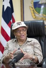 Liberia's President Ellen Johnson Sirleaf speaks during an interview with Reuters